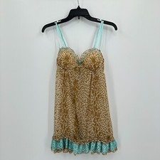 Vintage Ivy  Annabelle Chemise M Brown Blue Leopard Print Padded Ruffle Floral