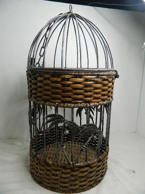 Metal & Wicker Hanging Bird Cage w/Palm Trees 17" x 9" Hinged Top w/Chain Latch