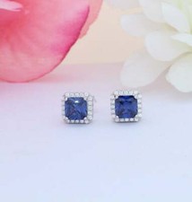 3CT Lab Created Halo Princess Halo Blue Sapphire Earrings 14k White Gold Over
