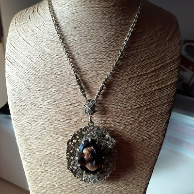 West Germany vintage ornate necklace with 2 1/4'' root beer colored cameo, signed
