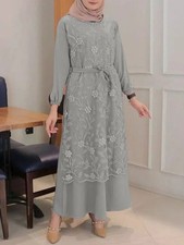 Vestito Donna Fiori Ricamo Lace Up Casual Elasticizzato Maxi Abito, Grigio, L