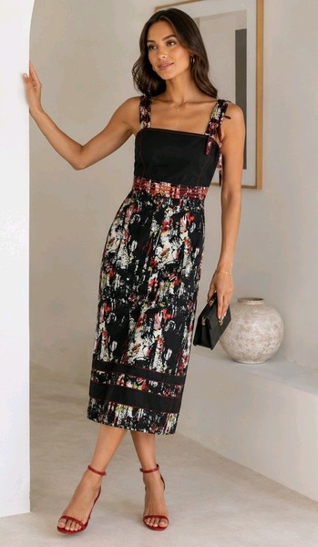 VERS Designer Dress AU 14 L Abstract Print Midi Shift Square Neck Tie Strap #D9