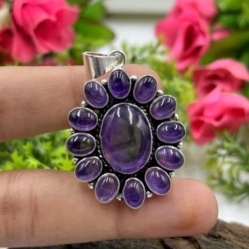 Colgante de piedras preciosas con flor de amatista púrpura hecho a mano joyería de plata de ley Foto 2 de 4