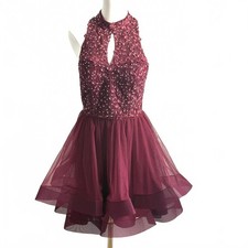 Jodi Kristopher | Maroon High Neck Open Back Rhinestone Short Prom Dress Size 7