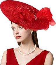 dressfan Wide Brim Fascinator Hats for Women,20s Linen Rhinestones Bow Big Hat f