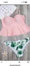 Underwire Tankini Swimsuit Pink Top Tropical Size Medium 2 Piece