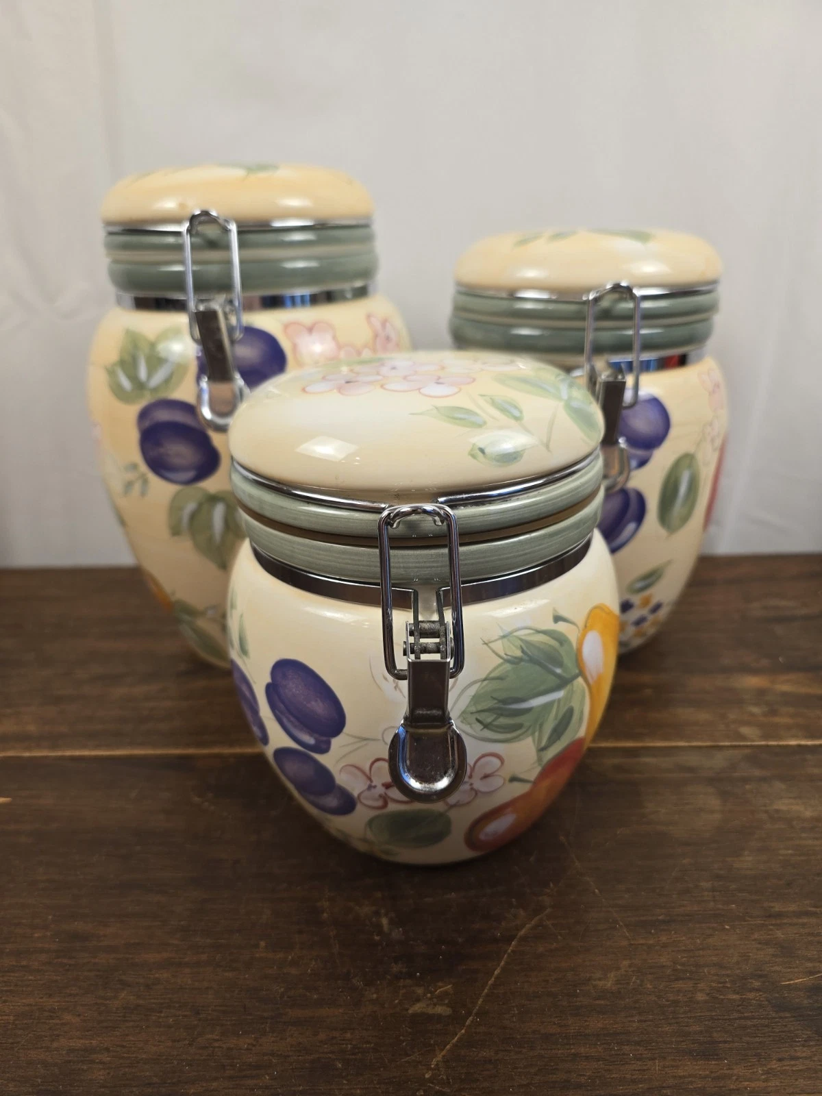 Set Of 3 Home Ceramic Multicolor Fruit Floral Airtight Canisters W/Lids & Seals