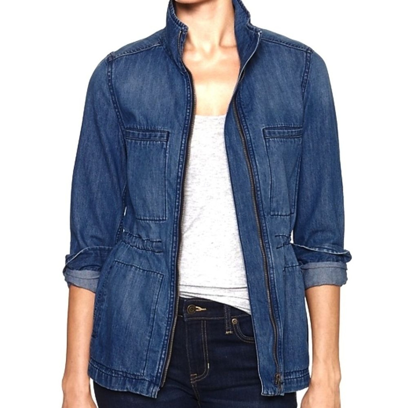 Medium Gap Medium Wash Denim Drawstring Waist Zip… - image 2