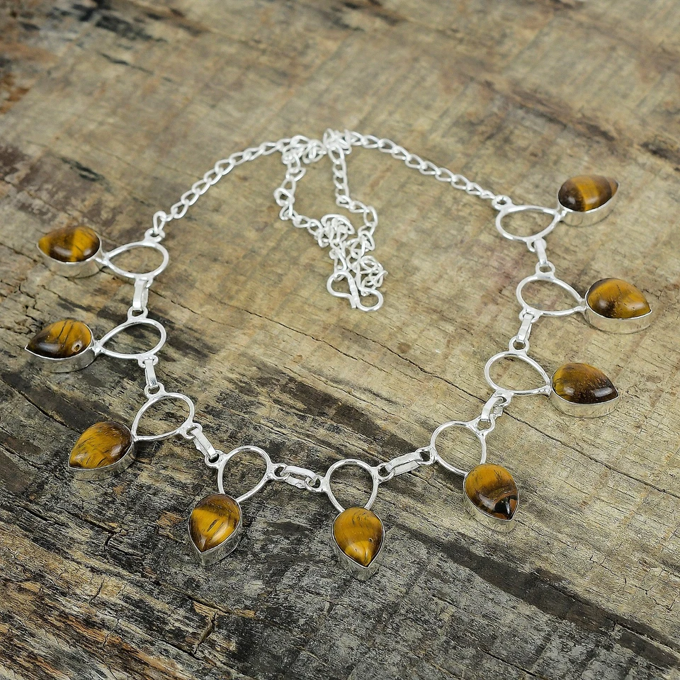 925 Argento Sterling Naturale Occhio di Tigre Gemma Fatto Gioielli Collana Gift - Immagine 2 di 4