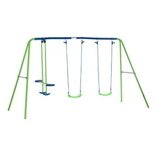 Outsunny Metal Swing Set w/Glider,Two Swing Seats and Adjustable Height,Outdoor