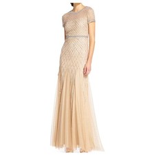 NWT Adrianna Papell Champagne Beaded Mermaid Gown Short Sleeve 10