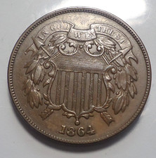 XF+/AU brown civil war year 1864 two 2C cent shield type coin FREE shipping!