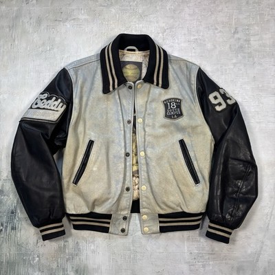 Redskins Leder College Jacke Blau/Schwarz Vintage Fading Patches Teddy Größe S/M