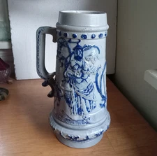 1890s WHITE'S UTICA POTTERY BARMAID & DUTCH COUNCILMAN COBALT STONEWARE STEIN