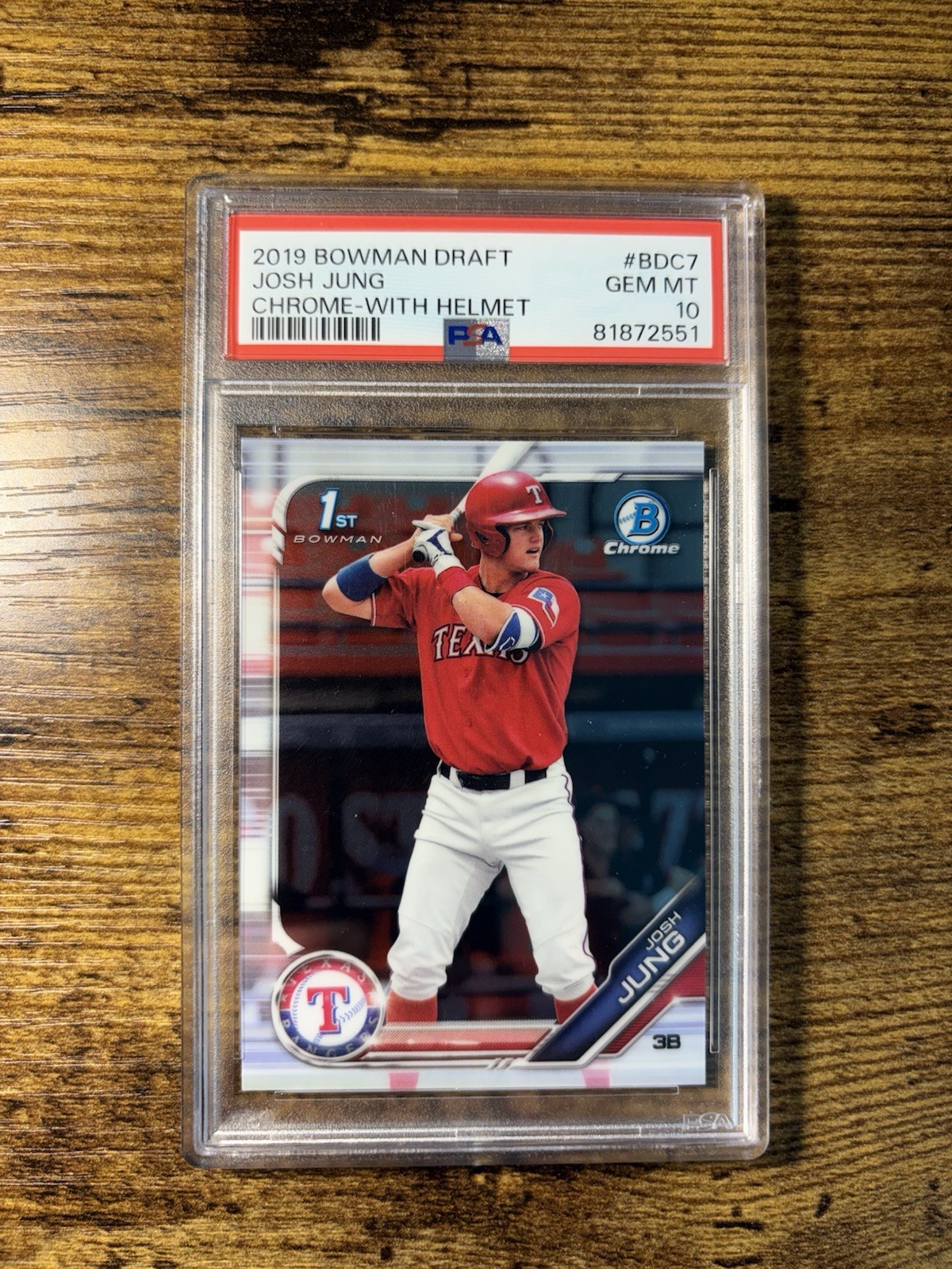 2019 Bowman Chrome Draft Josh Jung With Helmet 1st #BDC7 PSA 10 RANGERS
