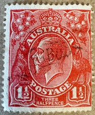 AUSTRALIAN KING GEORGE V RED POSTAGE STAMP | THREE HALF PENCE, 1 1/2d