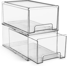 Clear Stackable Pull-Out Fridge Organizer Bins, Large 2-Pack