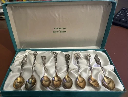 Set/8 Reed & Barton HARLEQUIN Sterling Silver Demitasse Spoons w/Original Box