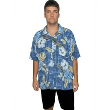 Island Shores Original Island Wear Hawaiian Shirt L Blue Tan Aloha Button Front