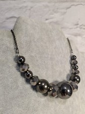 bib necklace faceted mirrored Gun metal tone beads & chain  47+8cm