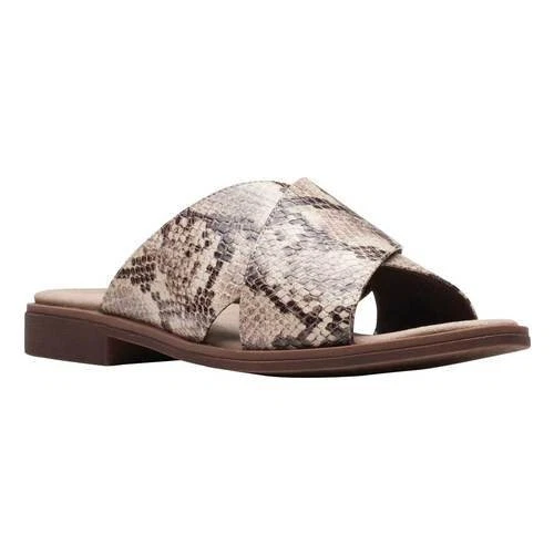 Sandalo scorrevole Clarks Declan Ivy cinturino a croce stampa serpente donna taglia 7 M NUOVO