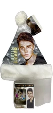 2 Piece Bundle  Silver Justin Bieber Christmas Santa  Hat  and Ornament
