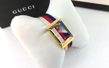 NWT GUCCI Rectangular Goldtone Stainless Steel 22mm Web-Strap Women Watch w/Box