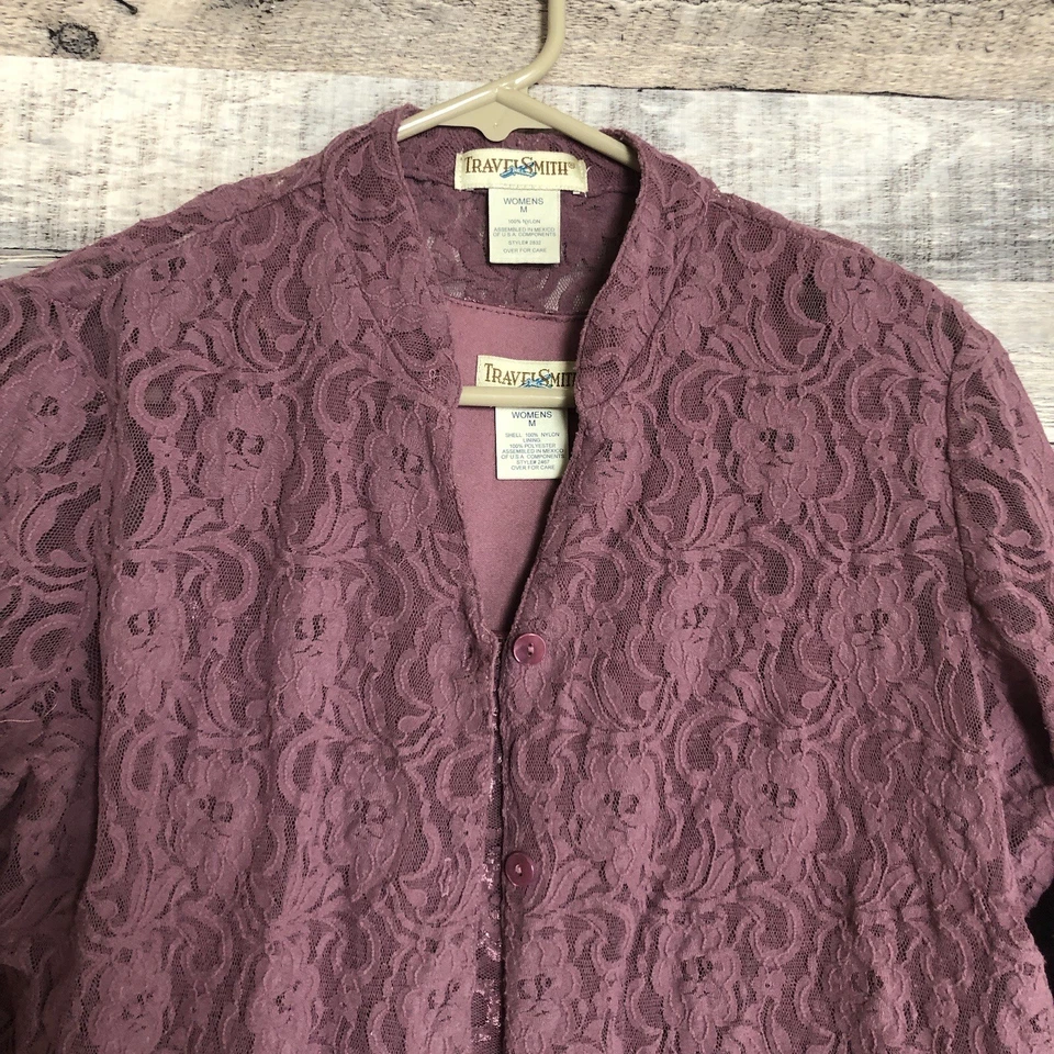 Travelsmith 2 件套女式玫瑰粉色纽扣前蕾丝开衫套装中号 — 第 2/4 张图片