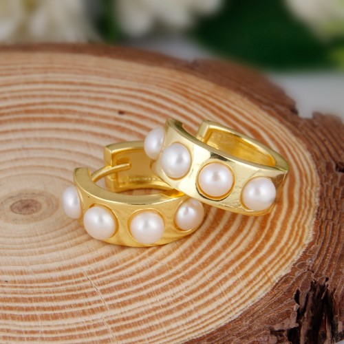 18K Gold Plated Multi Round Pearl Hoop Earring Handmade Classic Jewelry For Gift - Picture 7 of 9