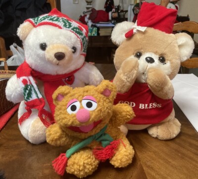 Lot Of 3 Vtg Bears Tan White Red Plays Music Works God Bless And BabyMuppet Bear