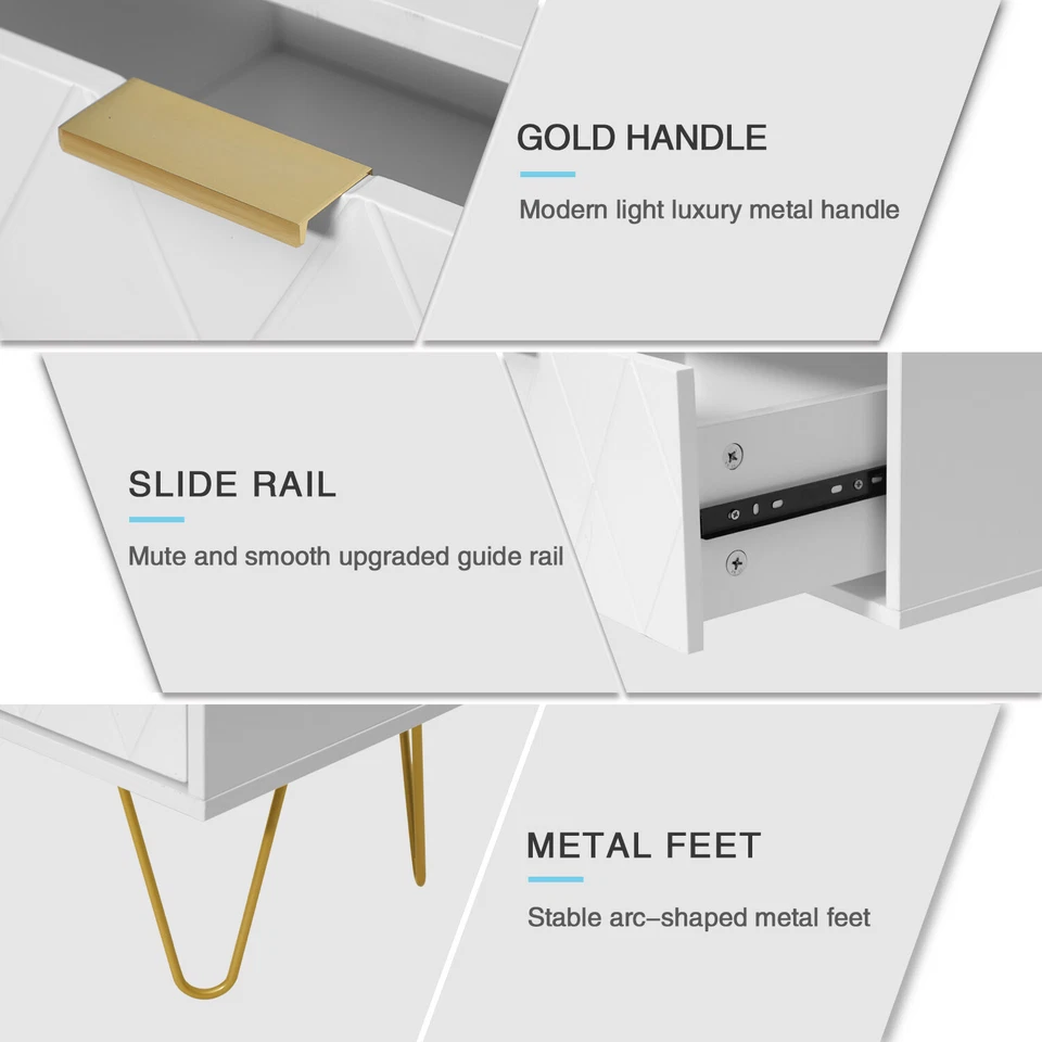 2 Drawer Nightstand Set of 2 End Side Table Bedside Metal Legs Bedroom Living - Изображение 4 из 4