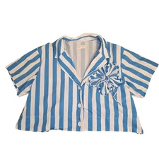 RHODE Benjamin Top - Blue & White Dorsey Stripe Cotton Blouse Flower Size Small