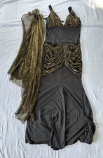 Flapper Girl 1920's Dress, Halloween Costume, With Shawl, Black/Gold Size Large