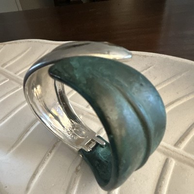 Robert Lee Morris Soho Silver Tone & Patina Leaf Bypass Hinged Bangle Bracelet. 