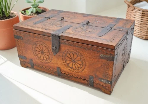 Vintage Wooden Storage Chest Box Original Old Hand Crafted Carved