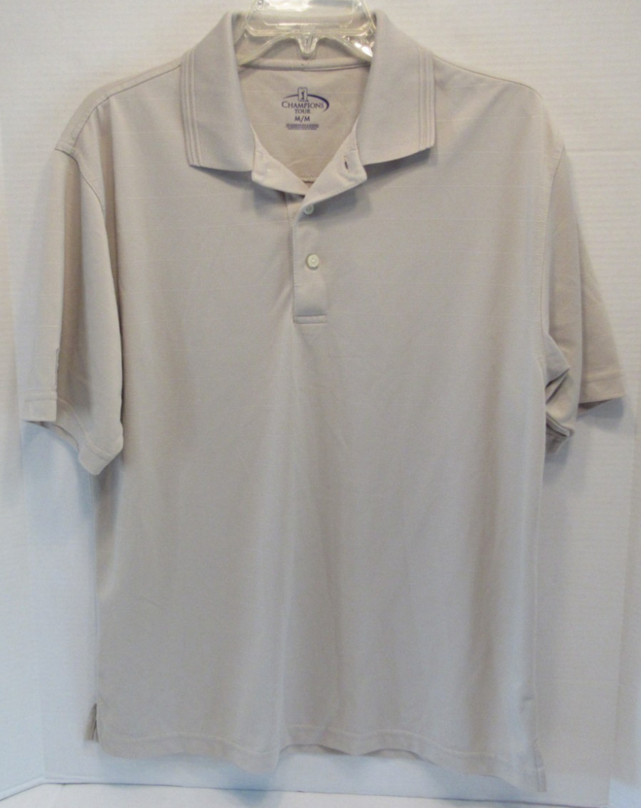 Mens Light Tan Champions Tour Short Sleeve Collared 3 Button Golf Shirt Size M