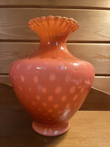 Fenton Coral Overlay Cased Glass Bubble Optic Vase 11" Tall