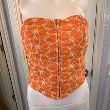 SHEIN Cute Orange And White Floral Design Strapless Crop Top Sz S