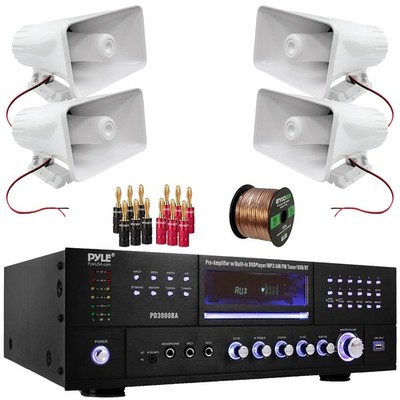 Pyle PD3000BA High Power MP3 Receiver, 4x 8'' 65W PA Horn Speakers, Banana Plugs
