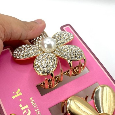 Viral Piper K Mahjong Hair Claw Clip Gold Tone Rhinestones. Piper K Gold Flower Hair Claw Clips Set Rhinestone Pearl  main image 4