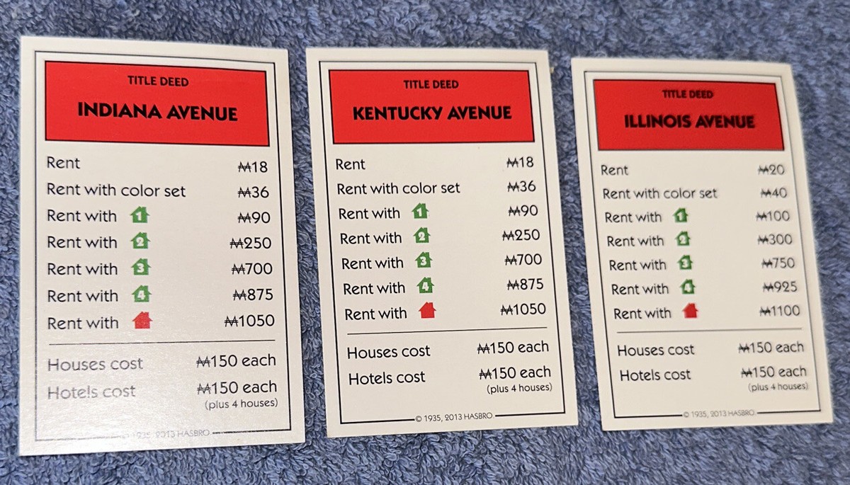 モノポリー確認用 2013 Hasbro Monopoly Replacement Piece 3 Red Property Cards