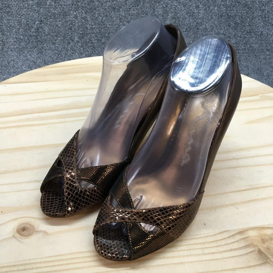 Zapatos de salón Nina para mujer 8 M de cuero marrón informales punta abierta piel de serpiente Foto 3 de 4