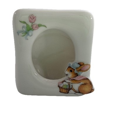 Easter Bunny Ceramic Picture Frame 3x3'' Egg Basket Japan Vtg 1980s Holiday Child
