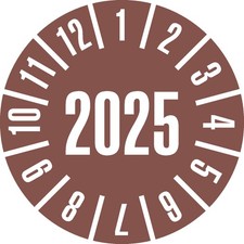 Pr&uuml;fplakette 2025, braun, Folie, abl&ouml;sbar, &Oslash; 20mm, 500/Rolle