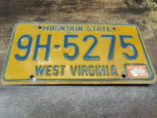 West Virginia WV License Plate Tag CLASSIC car 🚗 Antique 1972 72 9H 5275
