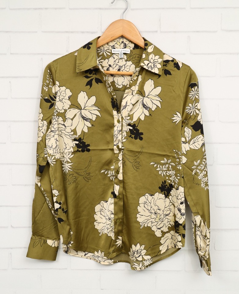 Maison d'Amelie women's green floral long sleeve satin button up shirt size XS