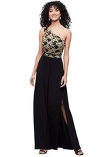 Davids Bridal Morgan & Co One-Shoulder Formal Dress Plus 22 Black/Gold Lace Maxi