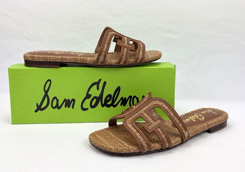 Sam Edelman Bay Faux Raffia Double E Logo Slide Sandals Tan Women 9.5 NIB
