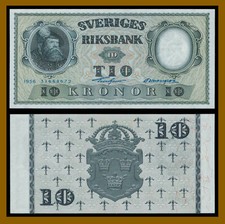 Sweden 10 Kronor, 1956 P-43d Blue Serial # Unc