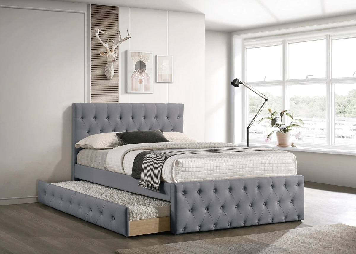 Grey upholstered on sale twin bed